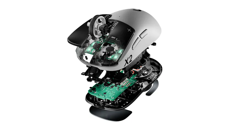 Unstructured view of a mouse with an internal circuit board and switches Unstructured view of a mouse with an internal circuit board and switches