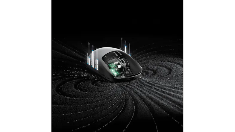 Angled view of a mouse showing internal PCB and digital adjustment bars Angled view of a mouse showing internal PCB and digital adjustment bars