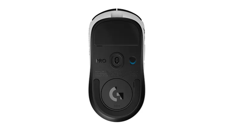 Bottom view of a mouse showing sensor area, circular puck, and switch Bottom view of a mouse showing sensor area, circular puck, and switch