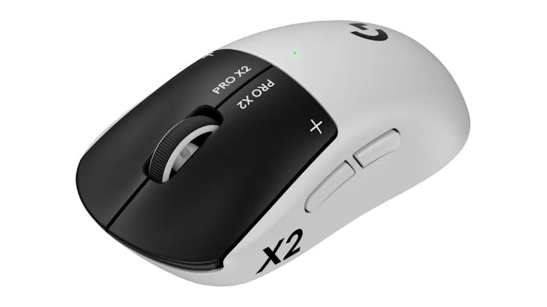 Perspective view of a mouse with black buttons and green LED Perspective view of a mouse with black buttons and green LED
