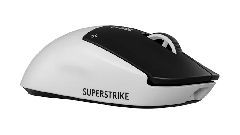 Angled right side view of a mouse with "SUPERSTRIKE" text on the shell Angled right side view of a mouse with "SUPERSTRIKE" text on the shell