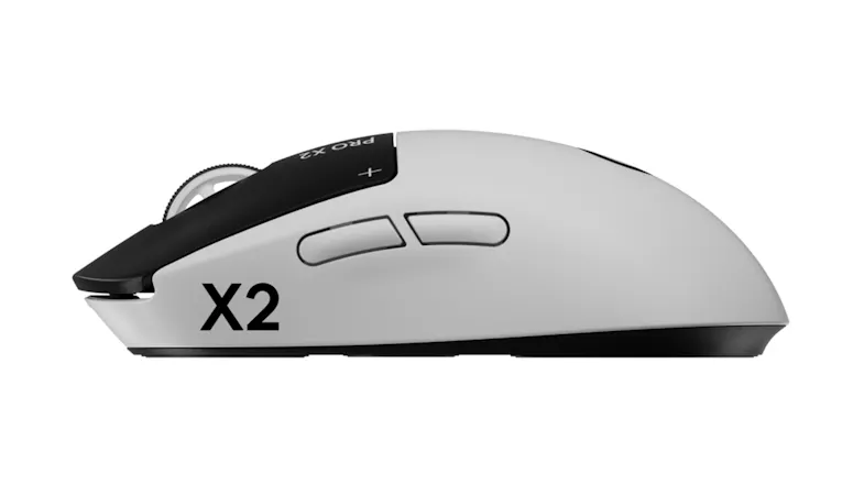 Left side view of a mouse showing two side buttons and a large "X2" logo Left side view of a mouse showing two side buttons and a large "X2" logo