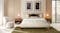 Straight-on view of the Eden Queen Upholstered Bed Frame centered between two wood nightstands Straight-on view of the Eden Queen Upholstered Bed Frame centered between two wood nightstands