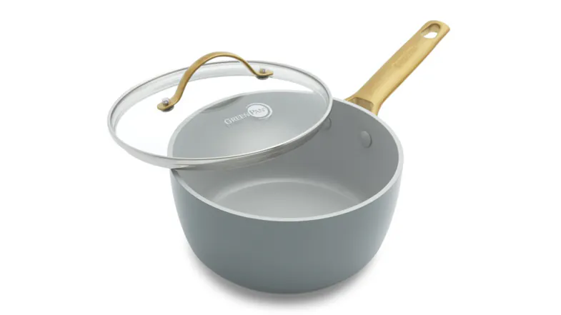 GreenPan Padova saucepan with the glass lid propped open, showing grey ceramic interior GreenPan Padova saucepan with the glass lid propped open, showing grey ceramic interior