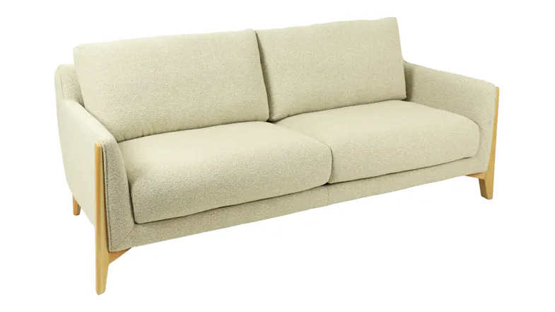 Front view of a Gandolfi 3 seater fabric sofa featuring a modern design and timber frame Front view of a Gandolfi 3 seater fabric sofa featuring a modern design and timber frame