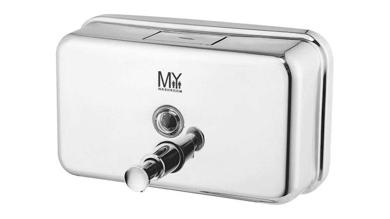 A left-angled view of the MyWashroom Liquid Manual Soap Dispenser A left-angled view of the MyWashroom Liquid Manual Soap Dispenser