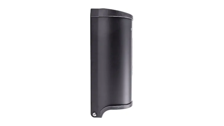 A side angle of a black wall-mounted touchless soap dispenser A side angle of a black wall-mounted touchless soap dispenser