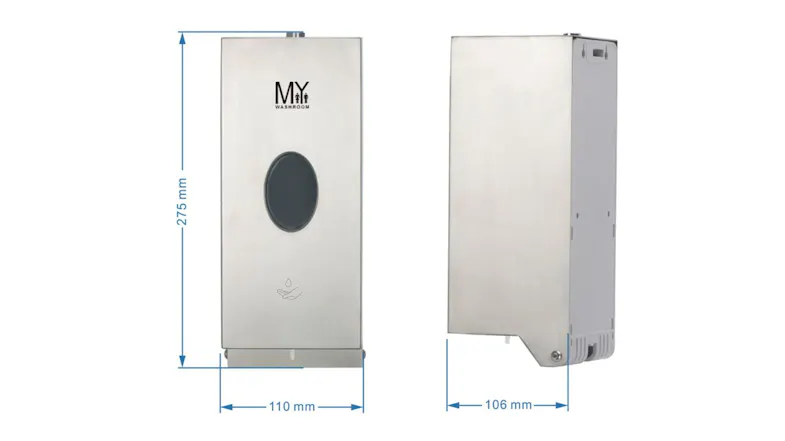 A stainless-steel wall-mounted touchless soap dispenser with its labelled dimensions A stainless-steel wall-mounted touchless soap dispenser with its labelled dimensions