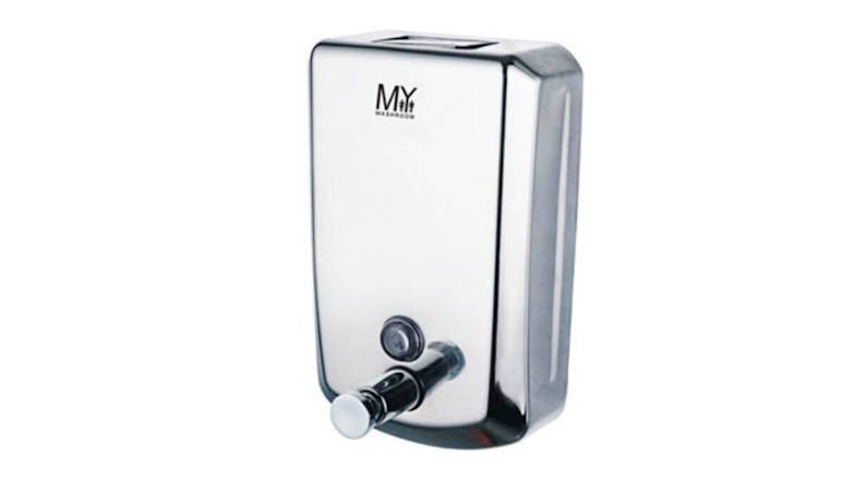Front view of the MyWashroom commercial manual soap dispenser with a polished stainless steel finish Front view of the MyWashroom commercial manual soap dispenser with a polished stainless steel finish