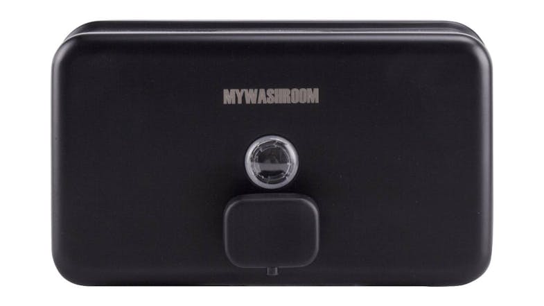 Front view of the MyWashroom black stainless steel liquid soap dispenser Front view of the MyWashroom black stainless steel liquid soap dispenser