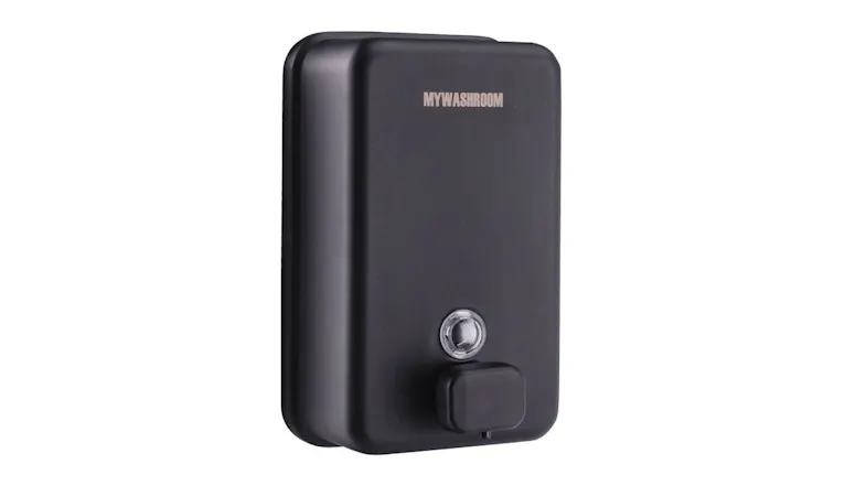 Angled view of the black liquid soap dispenser showing its curved edges and front push button Angled view of the black liquid soap dispenser showing its curved edges and front push button