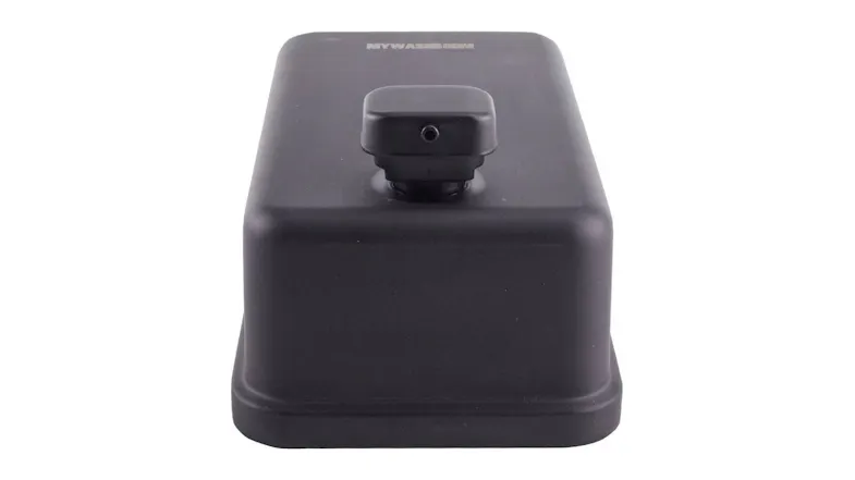 Bottom front view of the soap dispenser showing the dispensing nozzle integrated into the push‑button assembly Bottom front view of the soap dispenser showing the dispensing nozzle integrated into the push‑button assembly