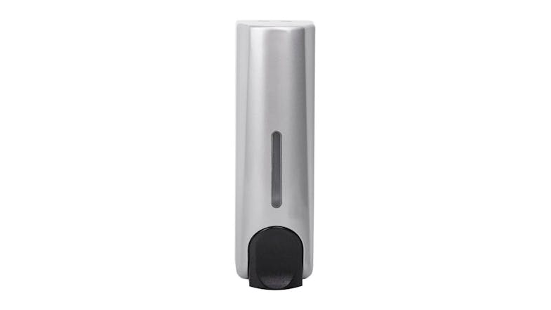 Front view of a MyWashroom wall‑mounted liquid soap dispenser with a silver finish Front view of a MyWashroom wall‑mounted liquid soap dispenser with a silver finish
