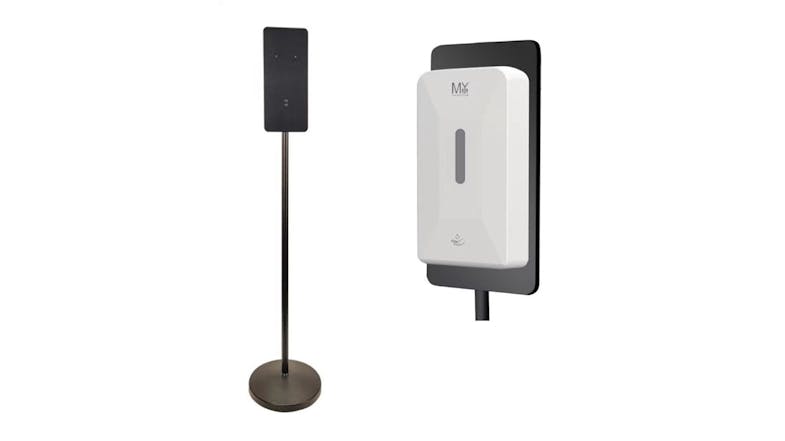 A side-by-side view of a touchless soap dispenser and its stainless-steel stand A side-by-side view of a touchless soap dispenser and its stainless-steel stand