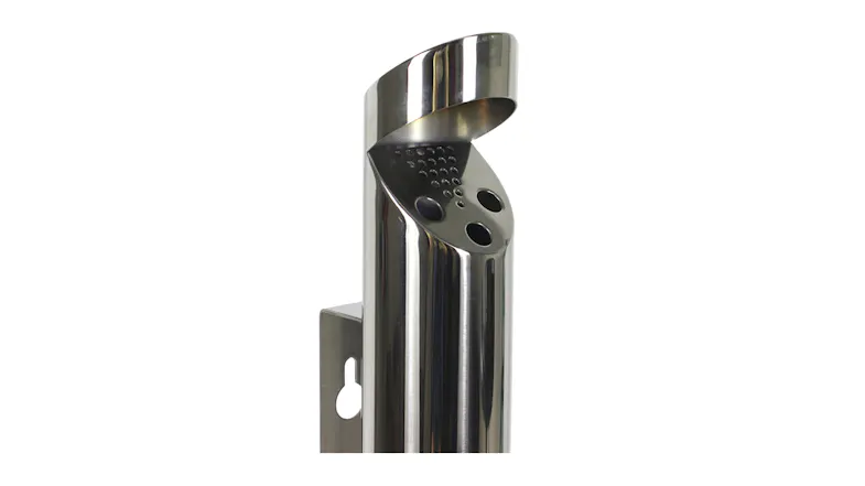 Close-up of a stainless steel wall-mounted cigarette disposal tube with vent holes and a curved top cover Close-up of a stainless steel wall-mounted cigarette disposal tube with vent holes and a curved top cover