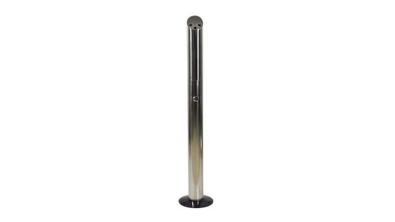 Tall stainless steel outdoor ashtray with a round vented top and circular base Tall stainless steel outdoor ashtray with a round vented top and circular base