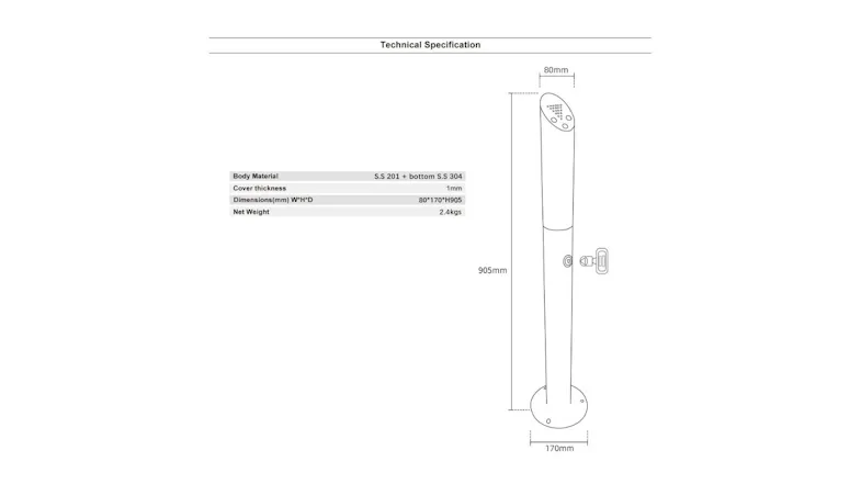 Diagram of a tall cylindrical outdoor ashtray with measurements and material specs Diagram of a tall cylindrical outdoor ashtray with measurements and material specs