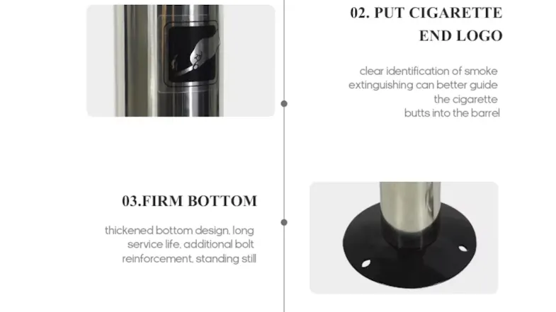 An outdoor ashtray showing a cigarette disposal logo and a reinforced bolt‑mounted base An outdoor ashtray showing a cigarette disposal logo and a reinforced bolt‑mounted base