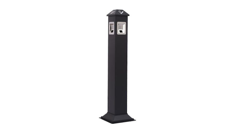 Tall black outdoor standing ashtray with a square base and small side openings Tall black outdoor standing ashtray with a square base and small side openings