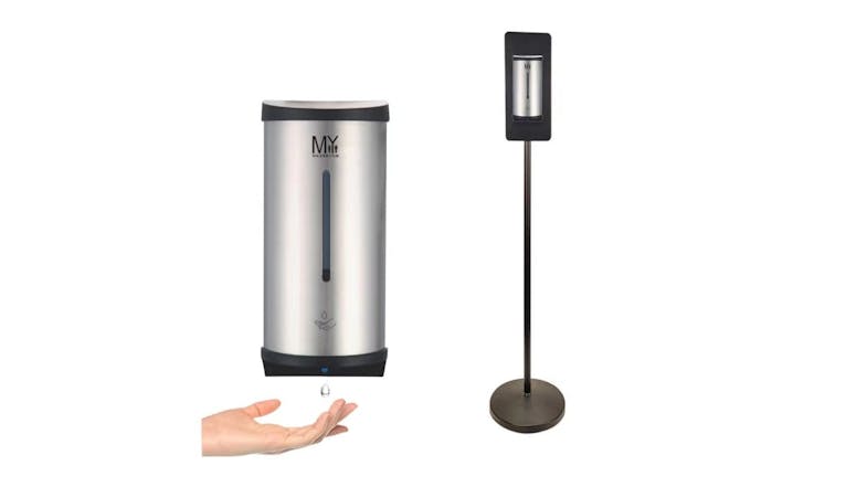 Stainless steel touchless soap dispenser with a droplet falling into an open hand beside a matching tall floor stand Stainless steel touchless soap dispenser with a droplet falling into an open hand beside a matching tall floor stand