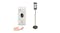 Stainless steel touchless soap dispenser with a droplet falling into an open hand beside a matching tall floor stand Stainless steel touchless soap dispenser with a droplet falling into an open hand beside a matching tall floor stand