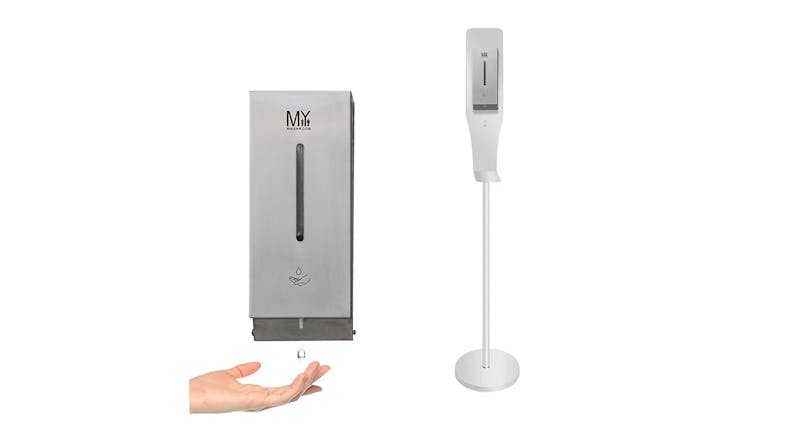 MyWashroom Automatic Touchless Stainless Steel Soap Dispenser with White Floor Stand MyWashroom Automatic Touchless Stainless Steel Soap Dispenser with White Floor Stand