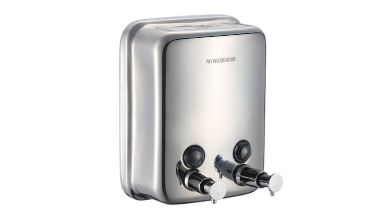 Front angled view of a wall‑mounted MyWashroom double soap dispenser made from stainless steel with a gloss finish Front angled view of a wall‑mounted MyWashroom double soap dispenser made from stainless steel with a gloss finish