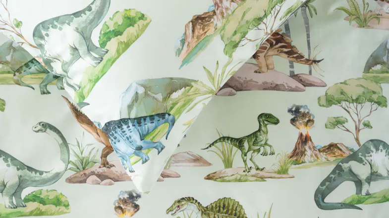 Detail of Dino Kingdom Duvet Cover Set showing a Brachiosaurus and a Raptor in watercolour style Detail of Dino Kingdom Duvet Cover Set showing a Brachiosaurus and a Raptor in watercolour style