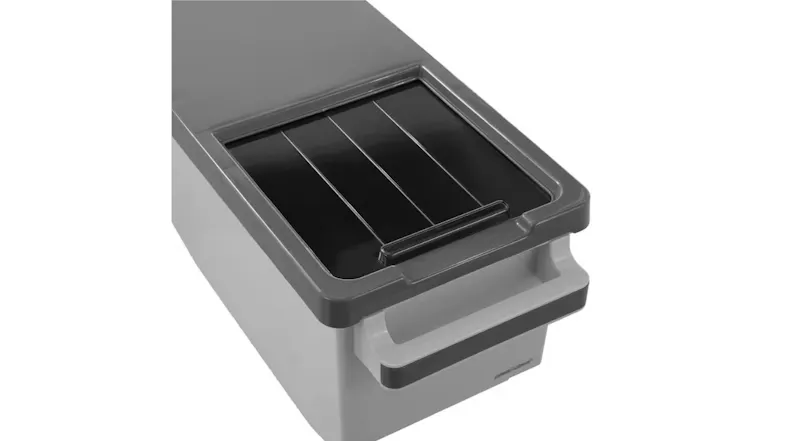 Close-up of the pet food storage container showing its black clip-top lid and front handle Close-up of the pet food storage container showing its black clip-top lid and front handle