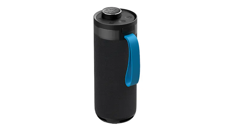 Rear view of the JLab speaker highlighting the blue strap and rubberised charging port cover Rear view of the JLab speaker highlighting the blue strap and rubberised charging port cover