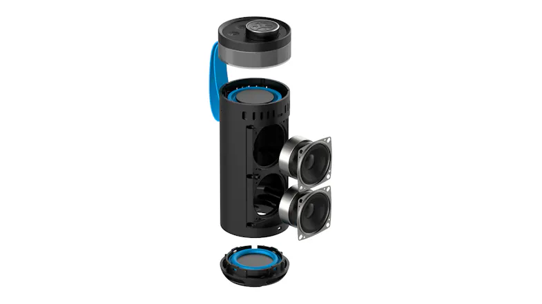 Internal components of JLab speaker including two circular drivers and blue-rimmed acoustic parts Internal components of JLab speaker including two circular drivers and blue-rimmed acoustic parts