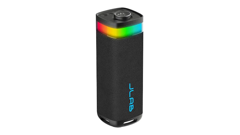 Angled view of the JLab JBuds Party speaker showing the square-rounded design and illuminated LED ring Angled view of the JLab JBuds Party speaker showing the square-rounded design and illuminated LED ring