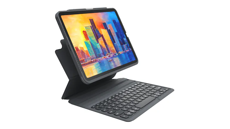 A side view of the Zagg Pro Keys Keyboard Case with an Apple iPad attached A side view of the Zagg Pro Keys Keyboard Case with an Apple iPad attached