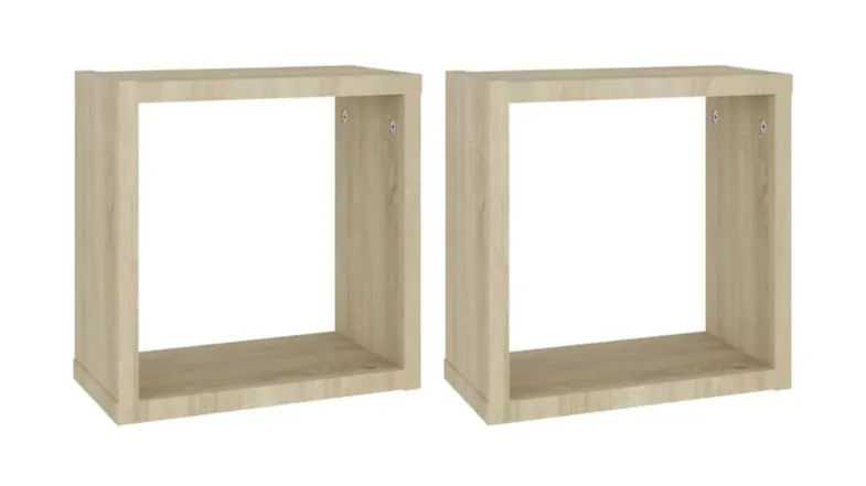 Angled view of two floating cube wall shelves in sonoma oak Angled view of two floating cube wall shelves in sonoma oak