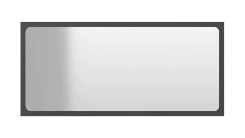 A rectangle-shaped bathroom mirror, framed in a slim grey border A rectangle-shaped bathroom mirror, framed in a slim grey border