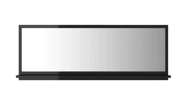 A rectangular gloss black-framed bathroom mirror with a slim frame and an integrated bottom shelf A rectangular gloss black-framed bathroom mirror with a slim frame and an integrated bottom shelf