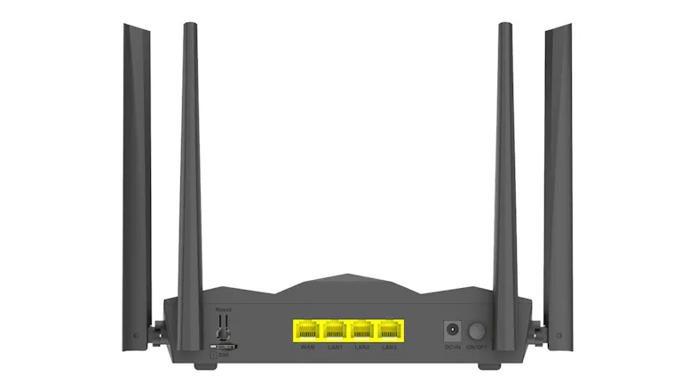 Rear view of a router highlighting yellow Ethernet ports and a nano SIM slot Rear view of a router highlighting yellow Ethernet ports and a nano SIM slot