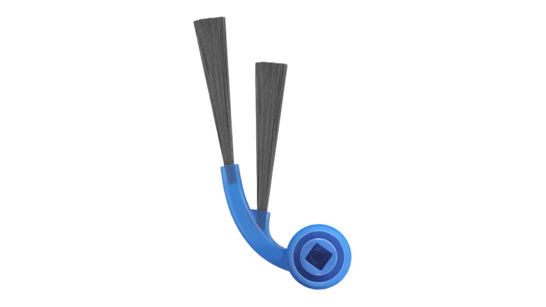 Single Ecovacs ARClean anti-tangle side brush with curved blue arm and dual grey bristle tufts Single Ecovacs ARClean anti-tangle side brush with curved blue arm and dual grey bristle tufts