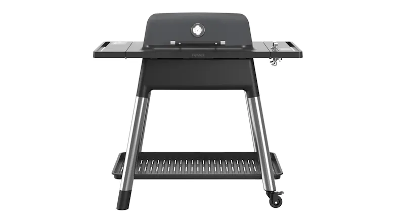 Front view of the Everdure Force 11 BBQ in grey, showing the closed hood with built‑in temperature gauge Front view of the Everdure Force 11 BBQ in grey, showing the closed hood with built‑in temperature gauge
