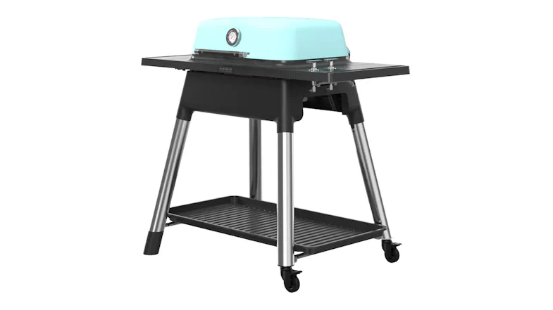 Angled view of the Everdure Force 2-Burner Gas BBQ in mint, highlighting the slim hood profile Angled view of the Everdure Force 2-Burner Gas BBQ in mint, highlighting the slim hood profile
