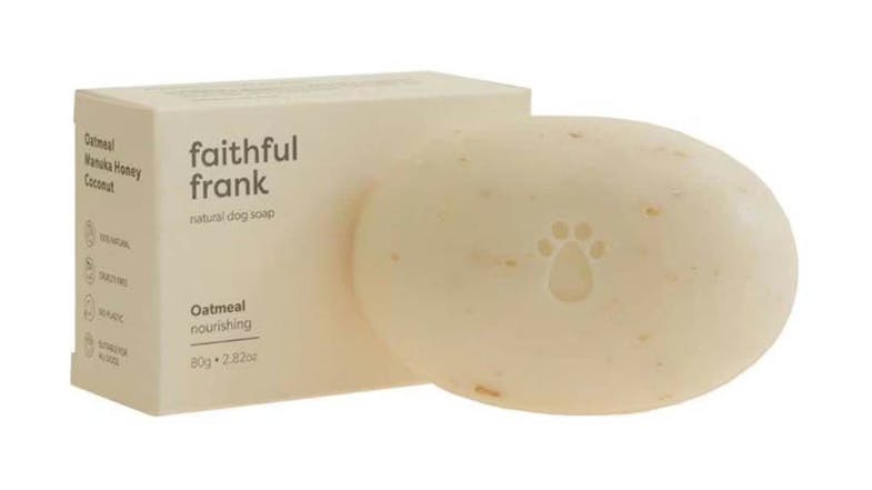 A side-by-side view of the Faithful Frank dog soap with its packaging A side-by-side view of the Faithful Frank dog soap with its packaging