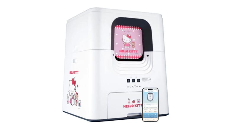 A right-angled view of the Aclium Automatic Cat Litter Box with App Connectivity in Hello Kitty theme A right-angled view of the Aclium Automatic Cat Litter Box with App Connectivity in Hello Kitty theme