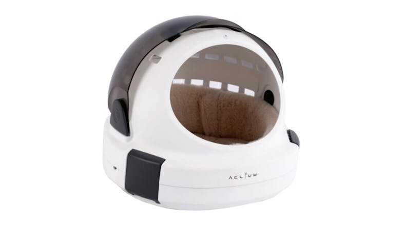 White dome-shaped cat capsule bed with a cushioned interior and a tinted cover White dome-shaped cat capsule bed with a cushioned interior and a tinted cover