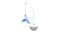 Spinning cat toy with a hanging blue feather teaser attached to a white base Spinning cat toy with a hanging blue feather teaser attached to a white base