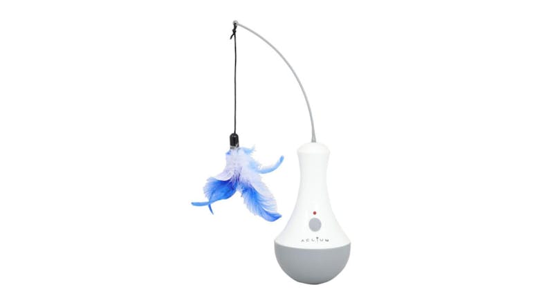 Spinning cat toy with a hanging blue feather teaser attached to a white base Spinning cat toy with a hanging blue feather teaser attached to a white base