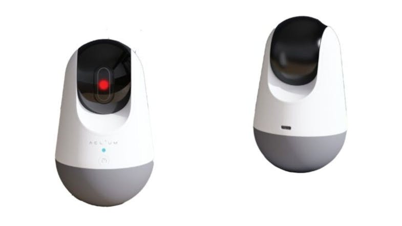 White and grey tumbler-style cat toy with a black top and red laser light, shown from front and back White and grey tumbler-style cat toy with a black top and red laser light, shown from front and back