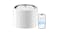 White cylindrical pet water fountain with rippling water on top, shown beside a smartphone app interface White cylindrical pet water fountain with rippling water on top, shown beside a smartphone app interface