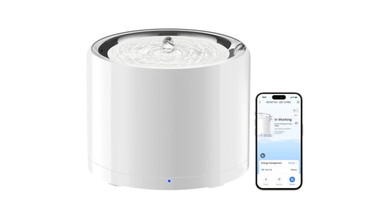White cylindrical pet water fountain with rippling water on top, shown beside a smartphone app interface White cylindrical pet water fountain with rippling water on top, shown beside a smartphone app interface