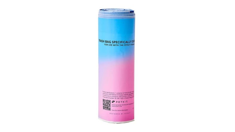 Cylindrical roll of Petkit trash bags in blue-to-pink gradient packaging Cylindrical roll of Petkit trash bags in blue-to-pink gradient packaging