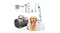 Pet grooming vacuum kit with multiple attachments displayed beside a golden retriever and a white cat Pet grooming vacuum kit with multiple attachments displayed beside a golden retriever and a white cat